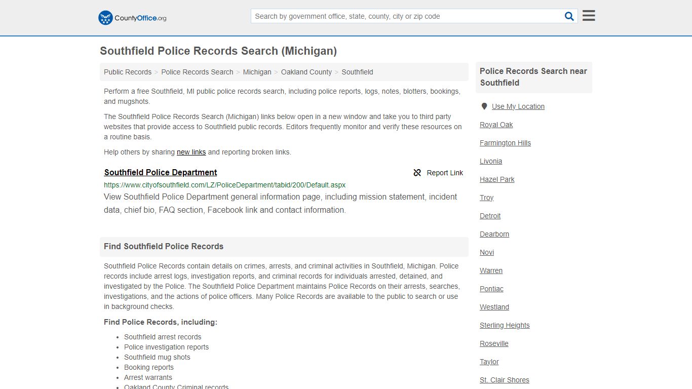 Southfield Police Records Search (Michigan) - County Office