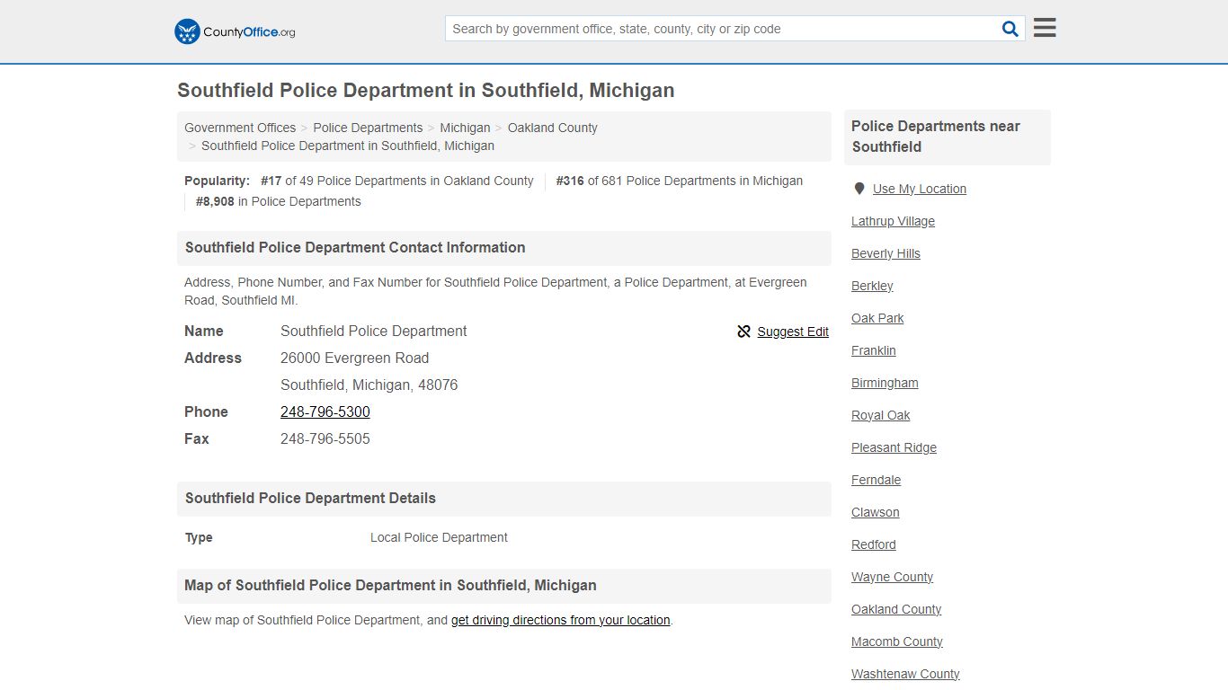 Southfield Police Department in Southfield, Michigan - County Office